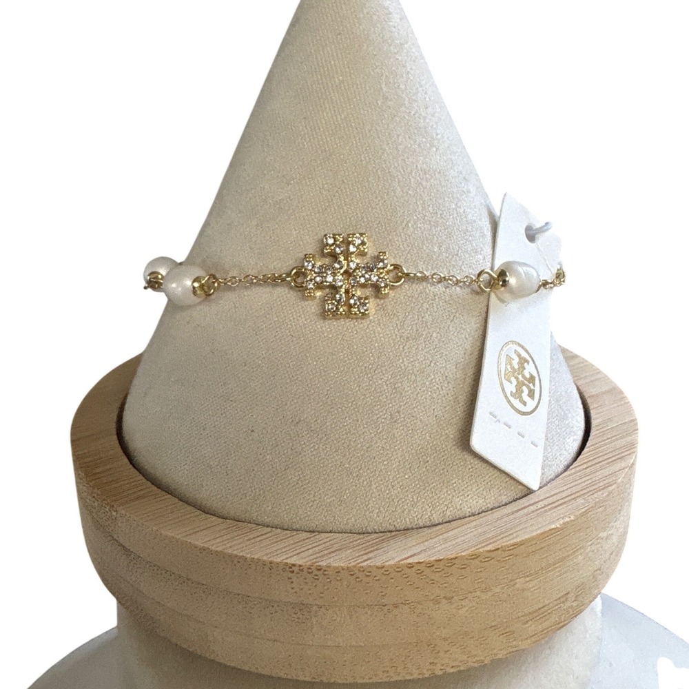 Tory Burch Kira Pearl Chain Bracelet Gold Pave Crystal Logo Women New - Picture 1 of 6